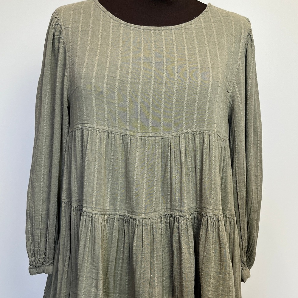American Eagle Womens S Boho Open Back Tiered Babydoll Top Green Textured